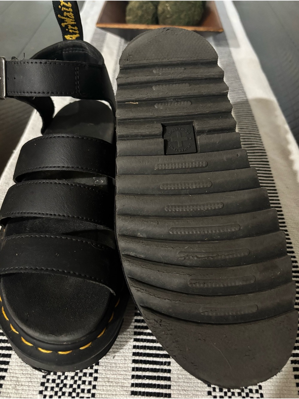 Dr. Martens Black Leather Platform Strappy Sandals with Yellow Stitching
